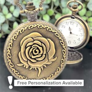 Rose Pocket Watch Personalized Vintage Bronze Floral Pendant Necklace Gift